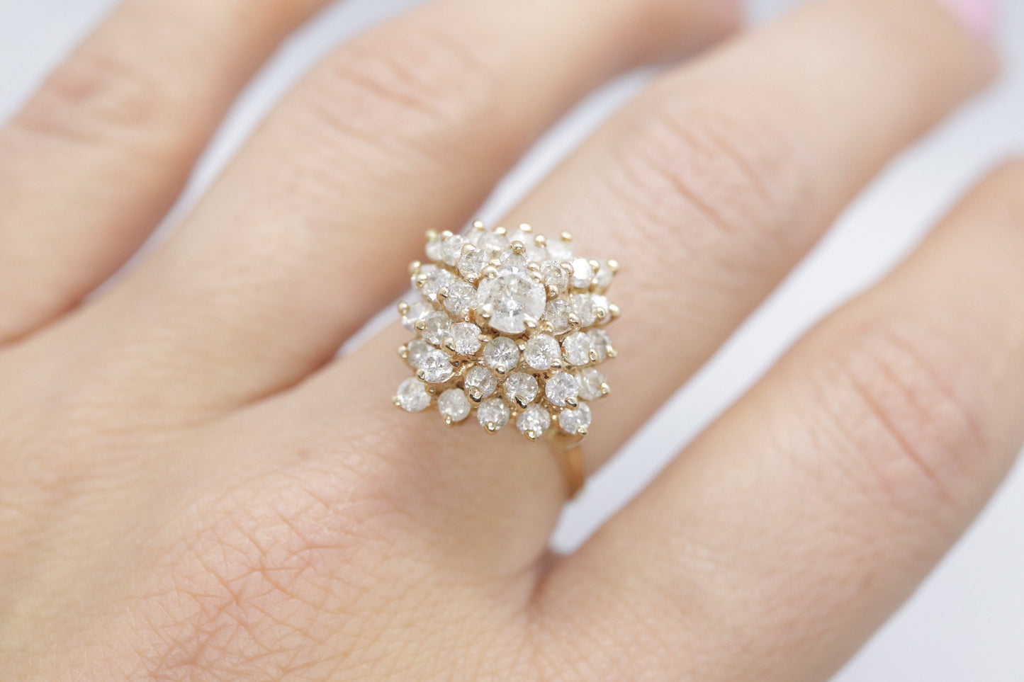 14k Yellow Gold Ring. Round Diamond Cluster Ring. Waterfall diamond. st(278)