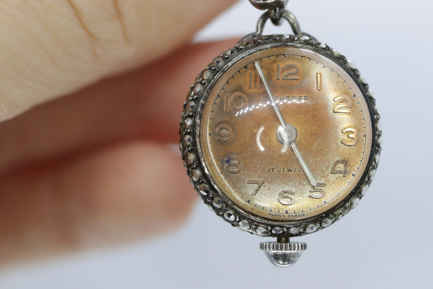 BUCHERER sterling silver and Marcasite manual watch. PIN Brooch Mechanical watch st(35/18)