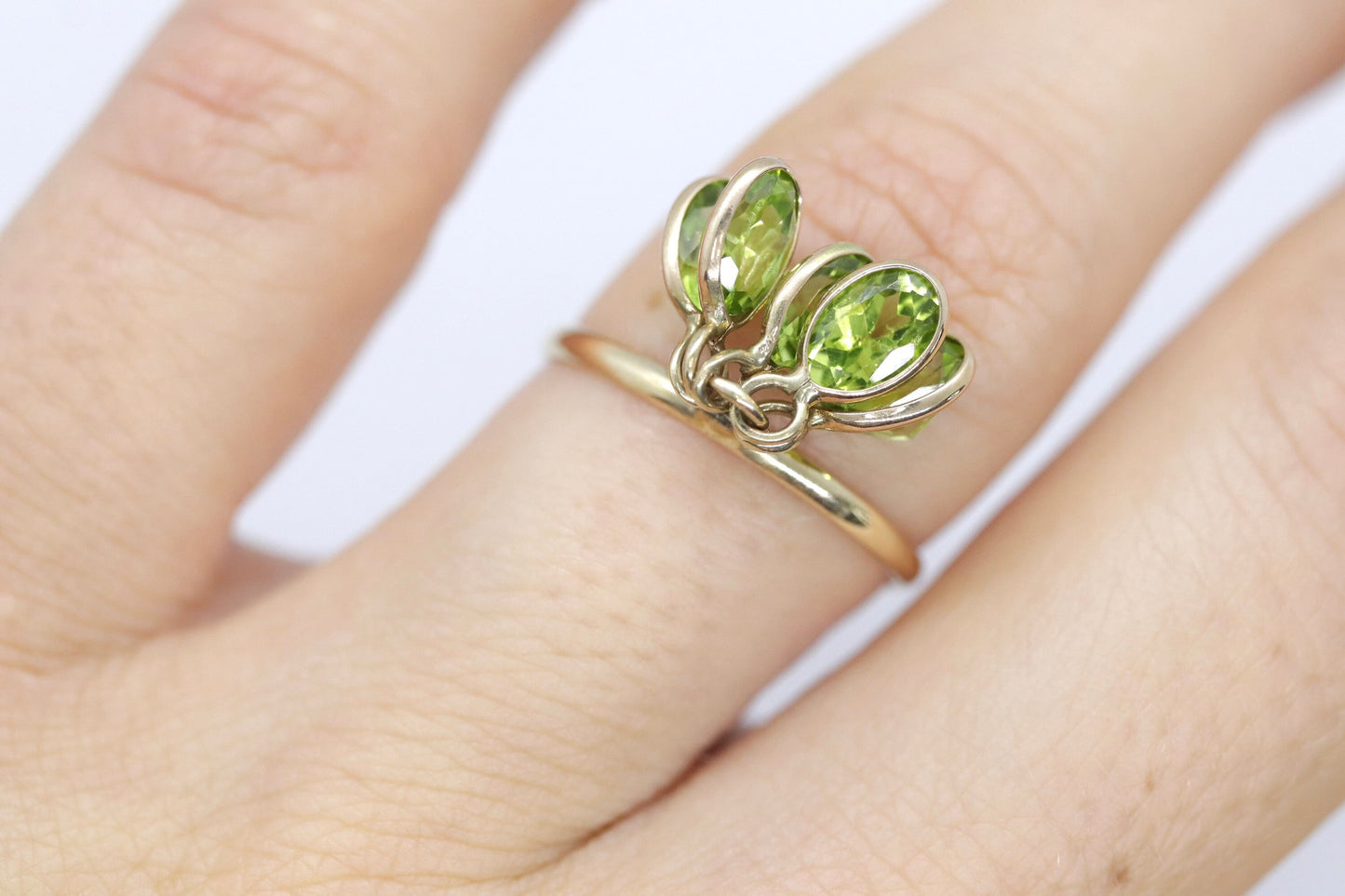 10k Peridot Dangle Charm ring. 10k Gem dangle ring