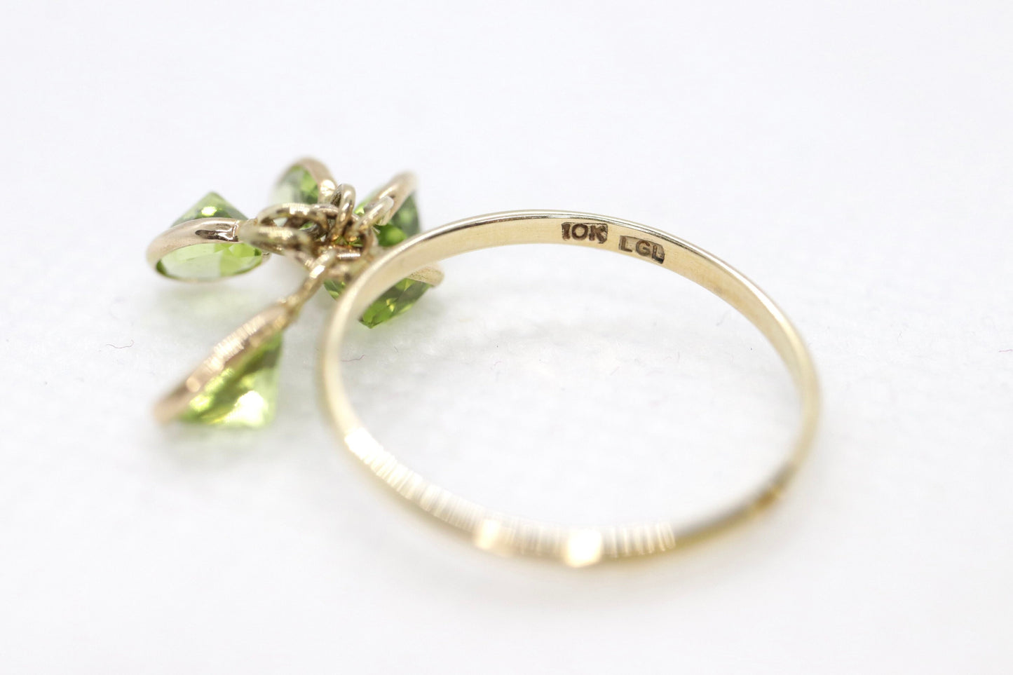 10k Peridot Dangle Charm ring. 10k Gem dangle ring