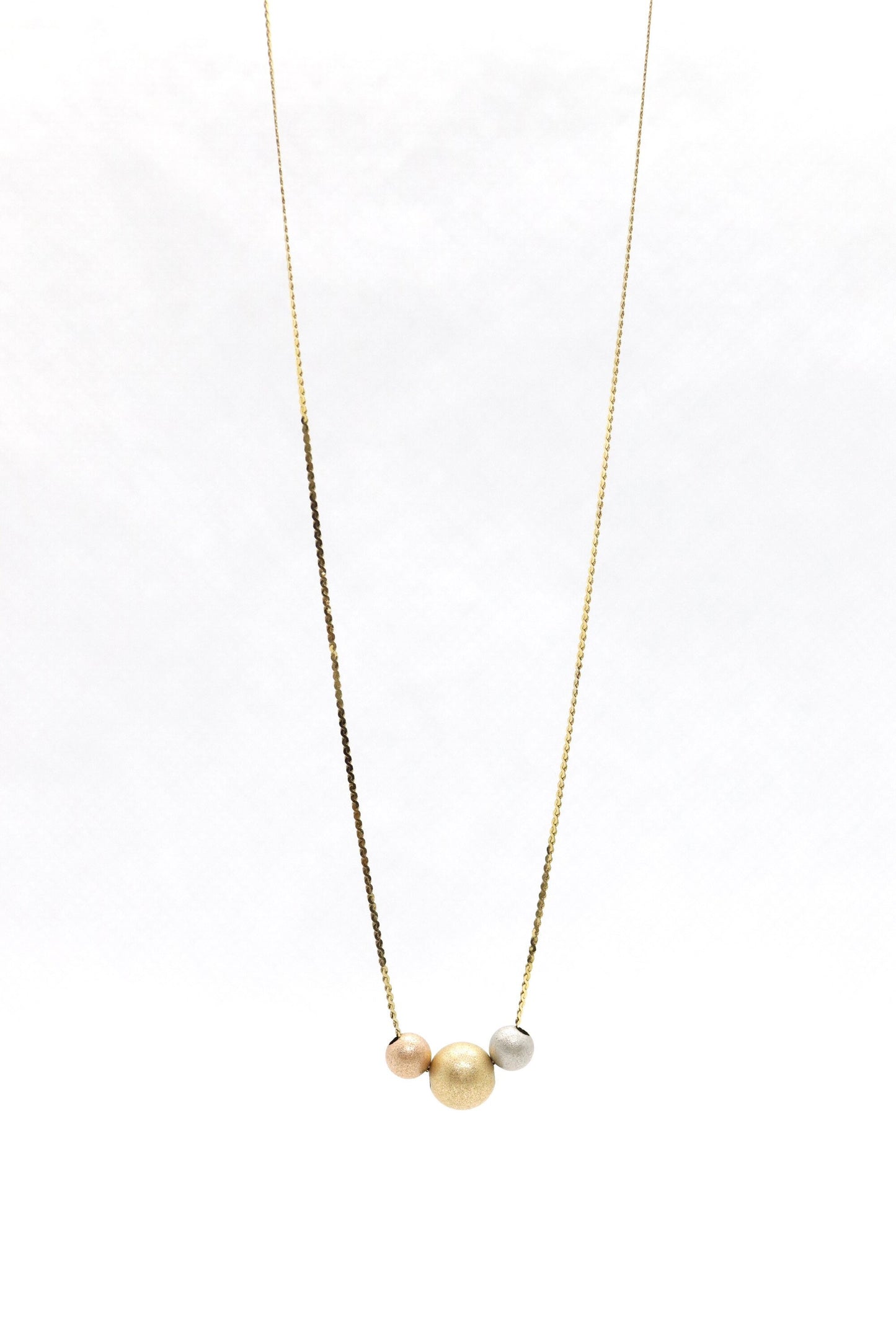14k Bead necklace. Yellow Rose White Gold Beads on S-link chain necklace. Tri-color necklace