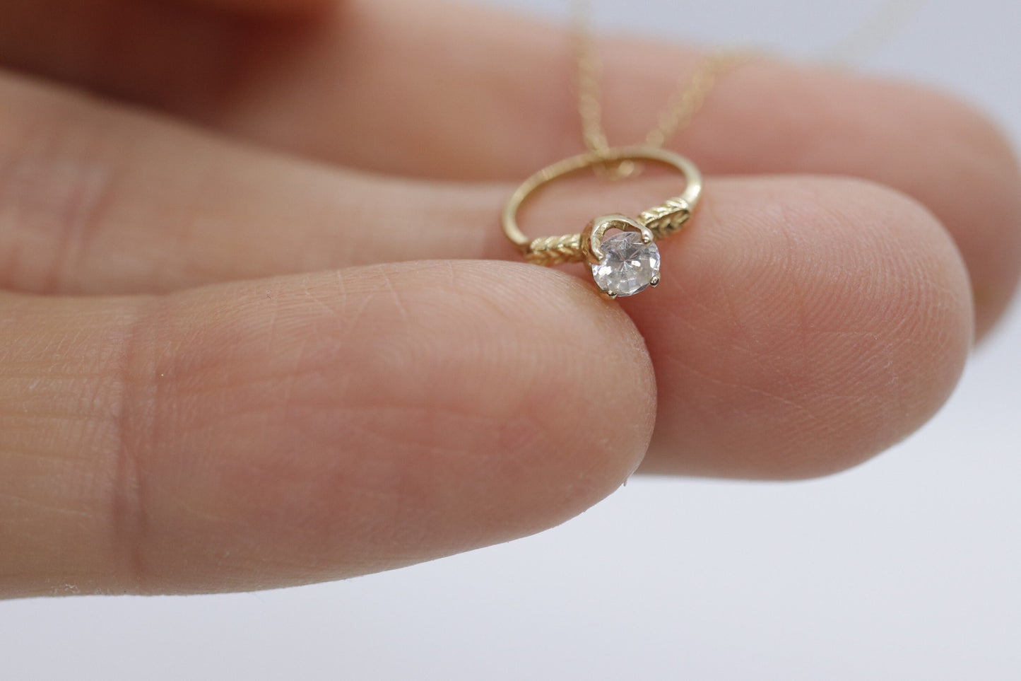 14k Engagement Ring Charm Necklace. Tiny engagement ring CZ Pendant. 18in Rolo Necklace