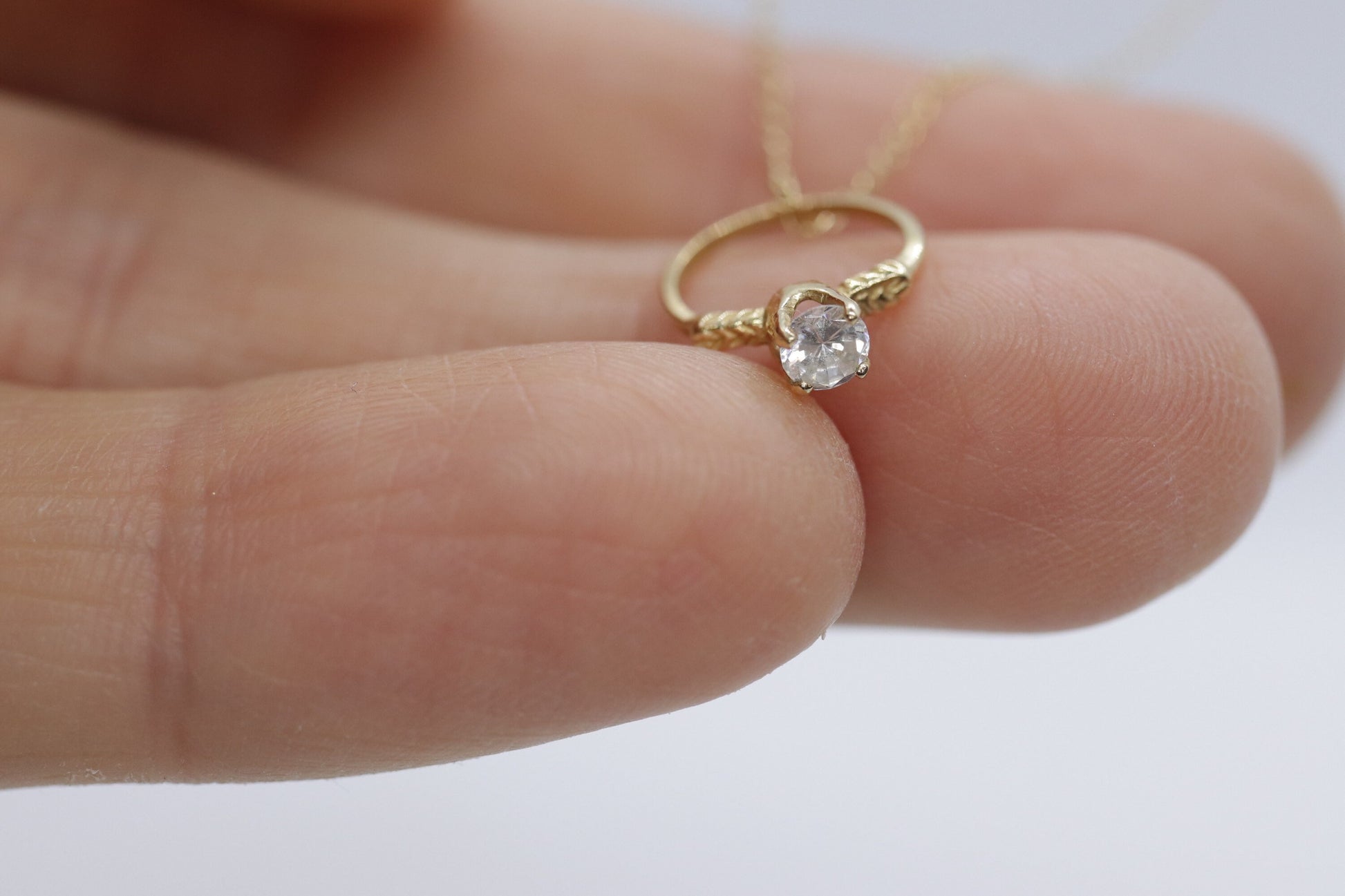 14k Engagement Ring Charm Necklace. Tiny engagement ring CZ Pendant. 18in Rolo Necklace