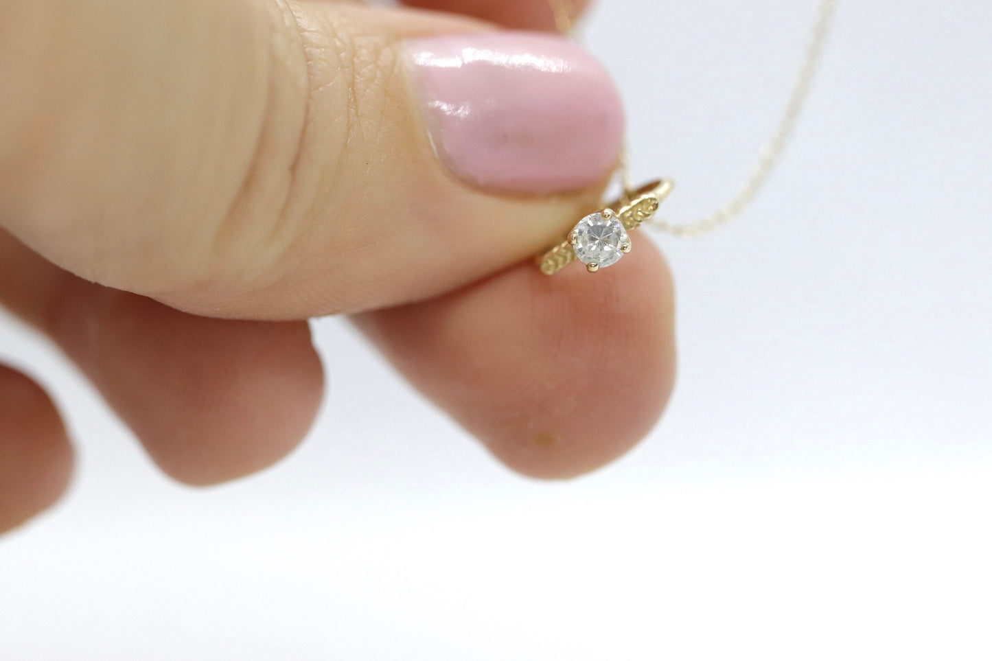 14k Engagement Ring Charm Necklace. Tiny engagement ring CZ Pendant. 18in Rolo Necklace