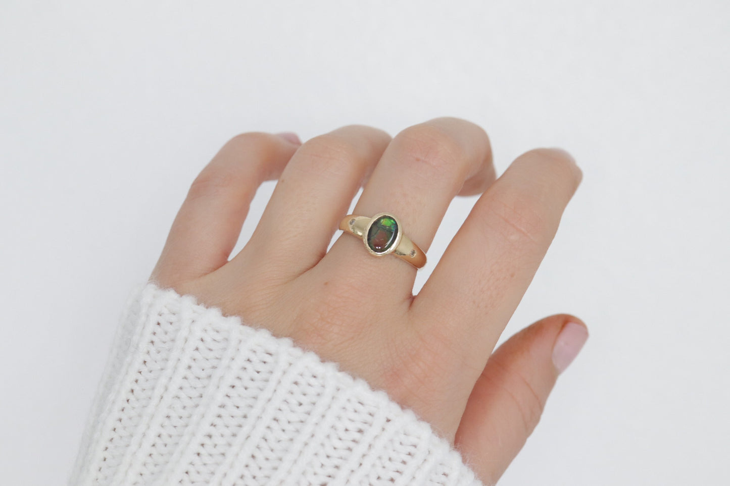 14k Oval Bezel Set Ammolite Ring and Earrings set. Ammolite Fossil and diamond earrings and ring. st140