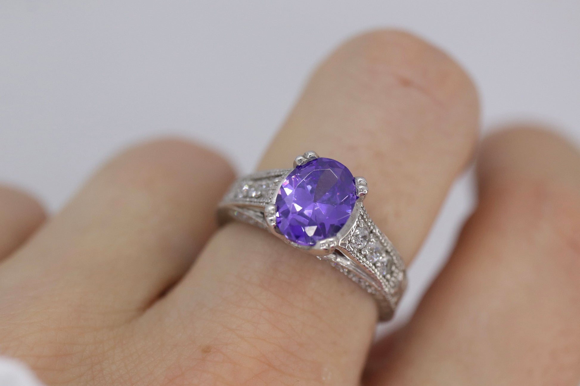 14k Purple Gem ring. 14k Engraved and CZ setting solitaire ring. st260