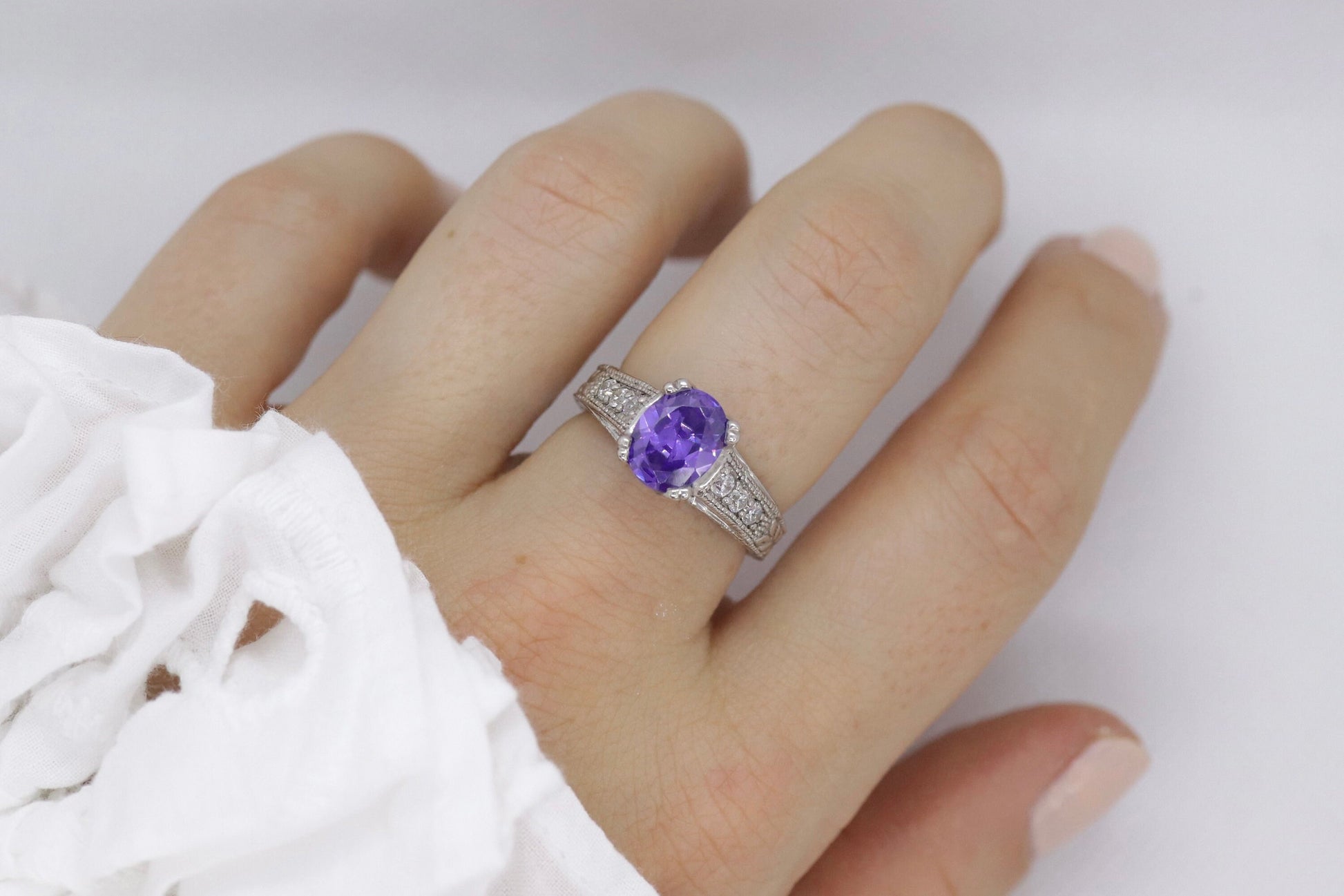 14k Purple Gem ring. 14k Engraved and CZ setting solitaire ring. st260