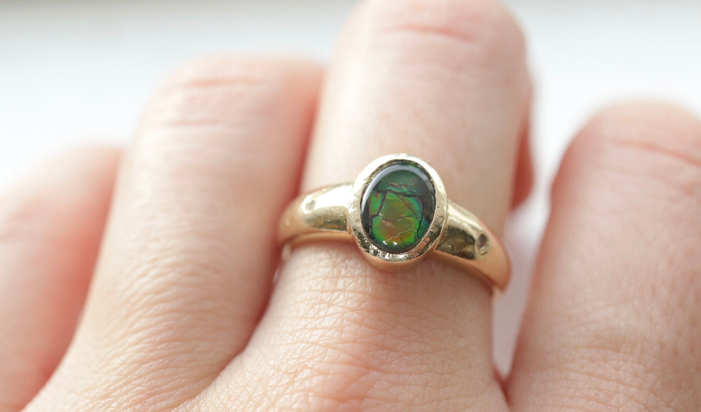 14k Oval Bezel Set Ammolite Ring and Earrings set. Ammolite Fossil and diamond earrings and ring. st140