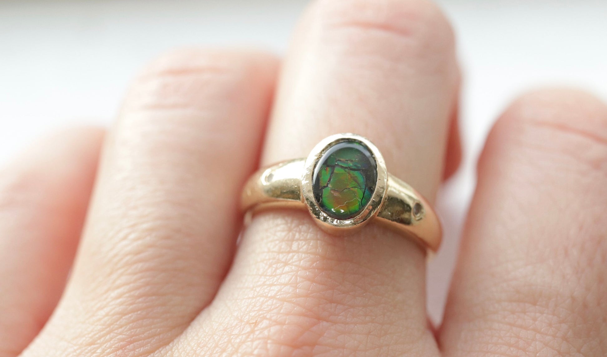14k Oval Bezel Set Ammolite Ring and Earrings set. Ammolite Fossil and diamond earrings and ring. st140