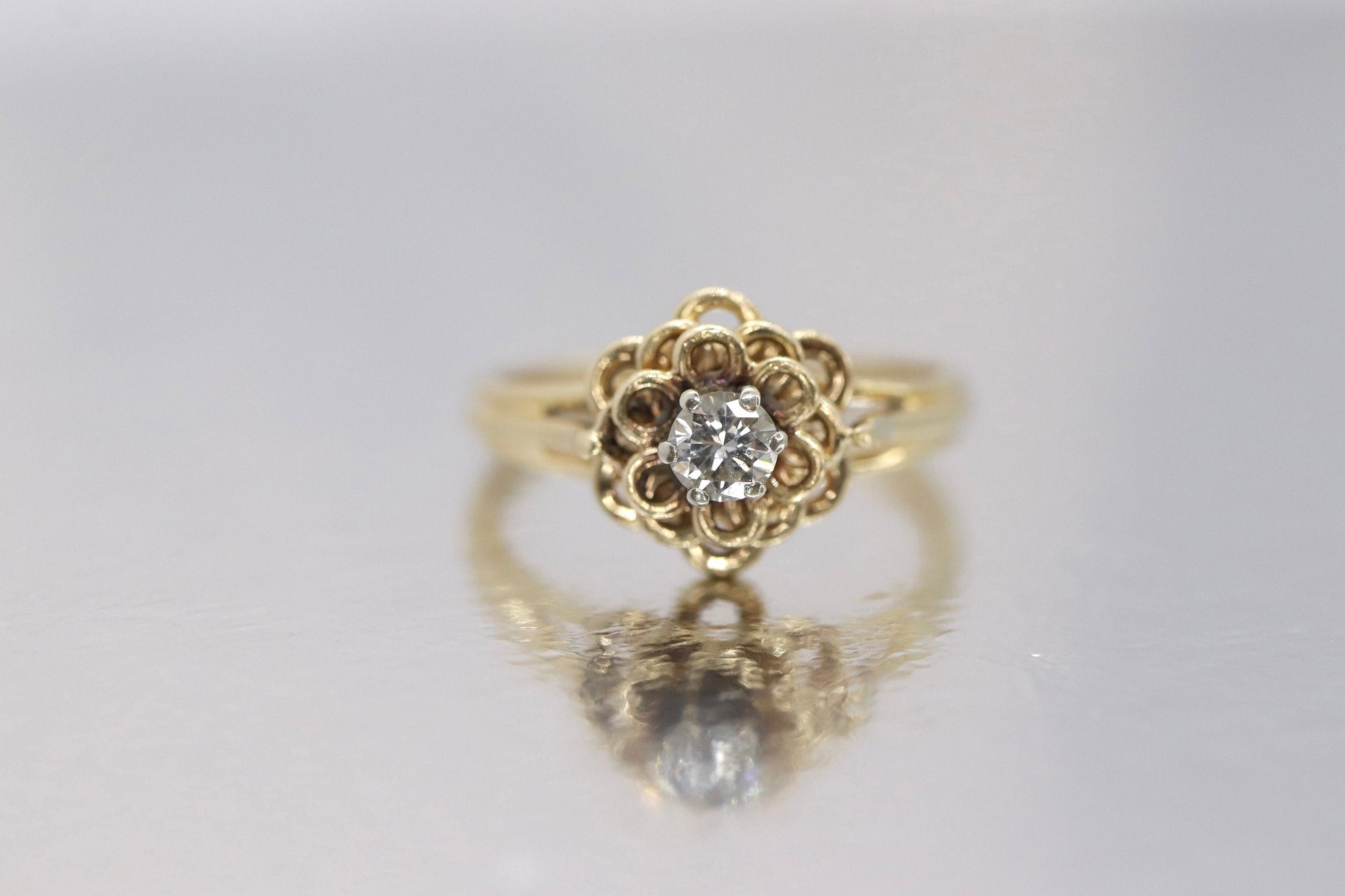 Vintage JR Wood and Sons 14k Gold Diamond Flower band Ring. Jr Wood Diamond solitaire.