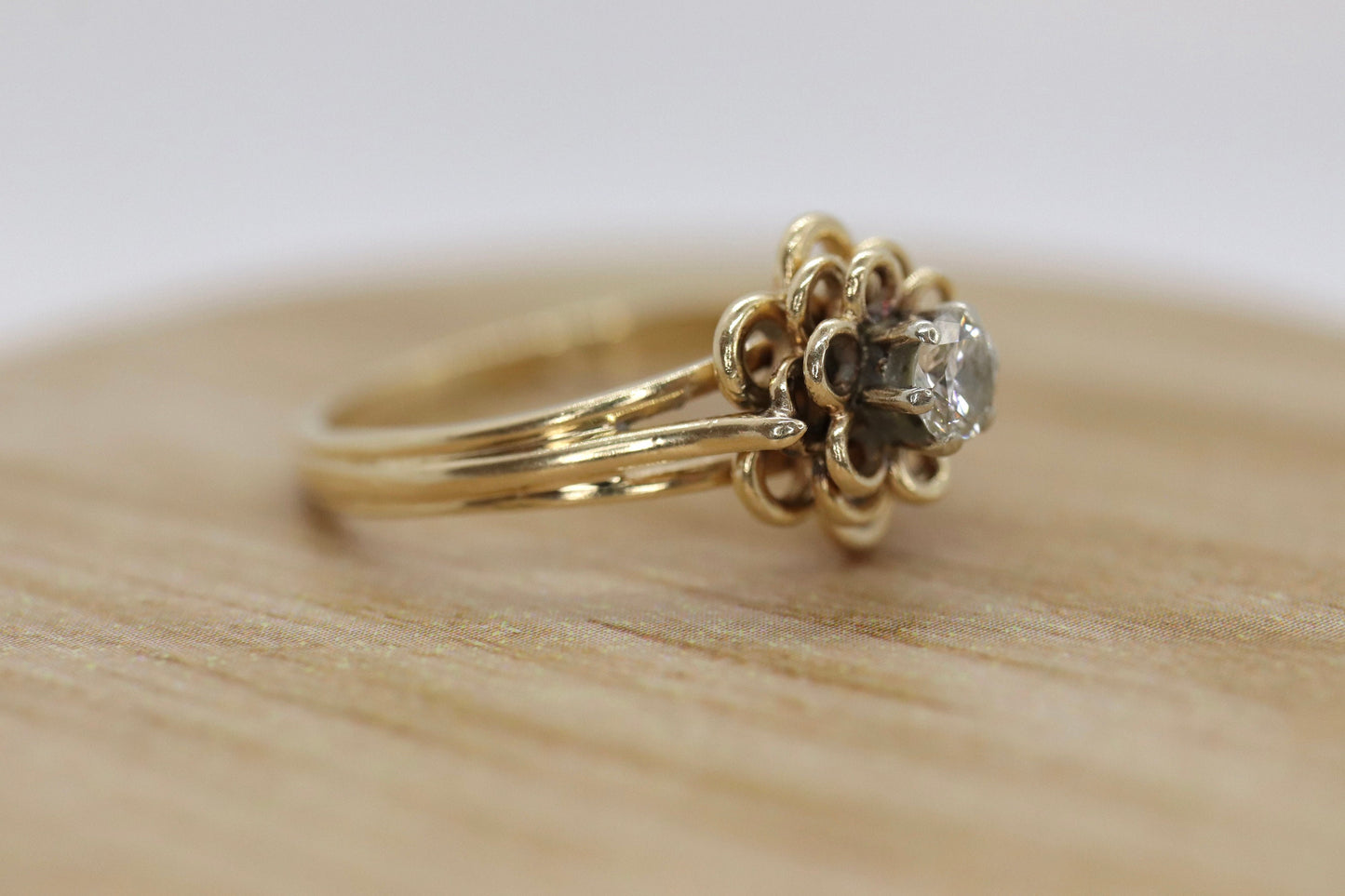 Vintage JR Wood and Sons 14k Gold Diamond Flower band Ring. Jr Wood Diamond solitaire.
