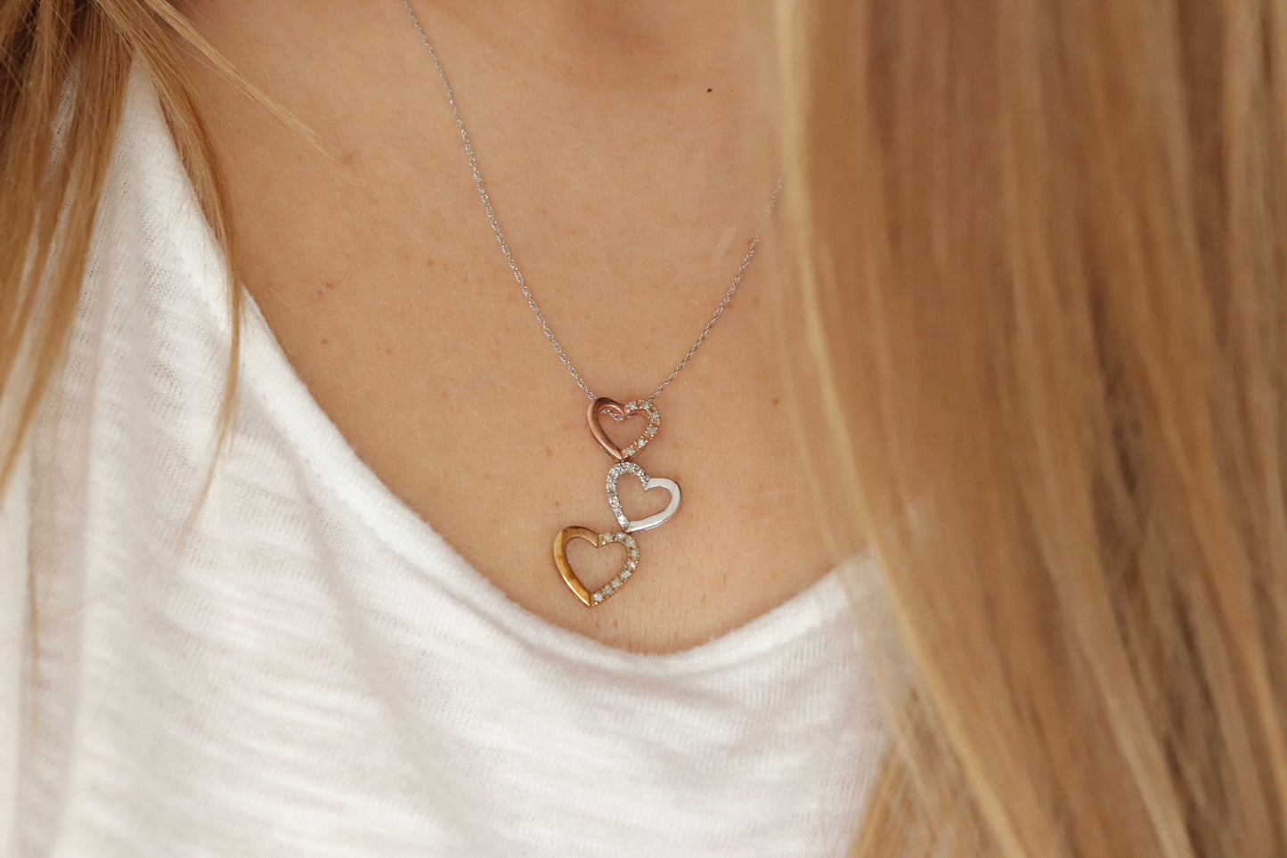 10K tricolor Triple Open Heart Diamond pendant. 10k Rose Yellow White gold. 10k necklace st44