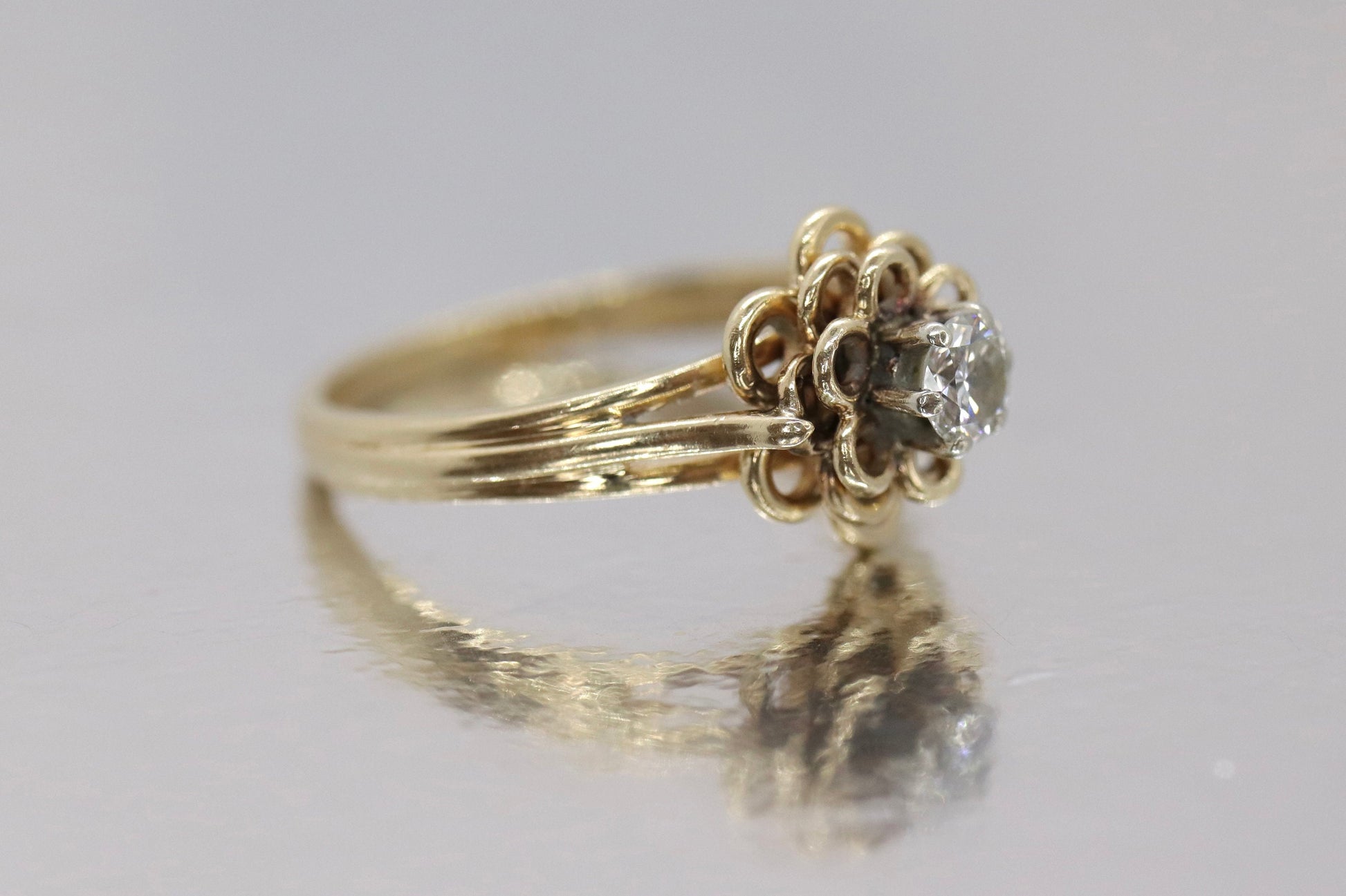 Vintage JR Wood and Sons 14k Gold Diamond Flower band Ring. Jr Wood Diamond solitaire.