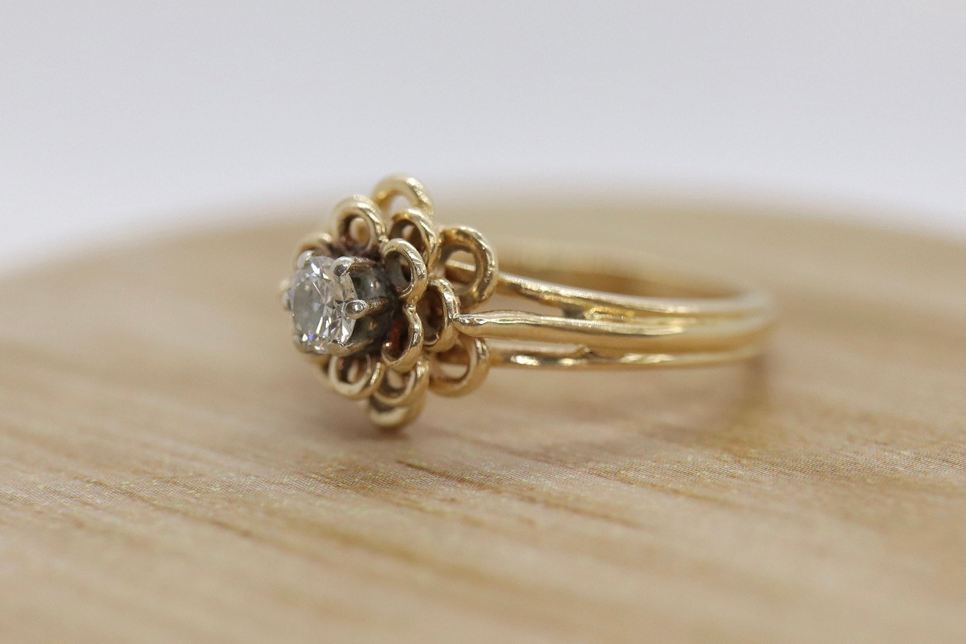 Vintage JR Wood and Sons 14k Gold Diamond Flower band Ring. Jr Wood Diamond solitaire.