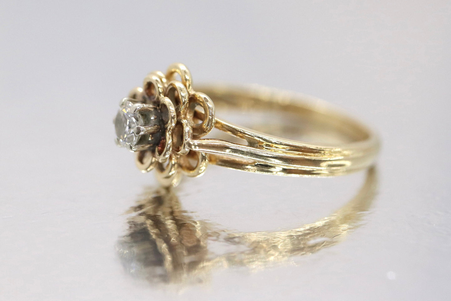 Vintage JR Wood and Sons 14k Gold Diamond Flower band Ring. Jr Wood Diamond solitaire.