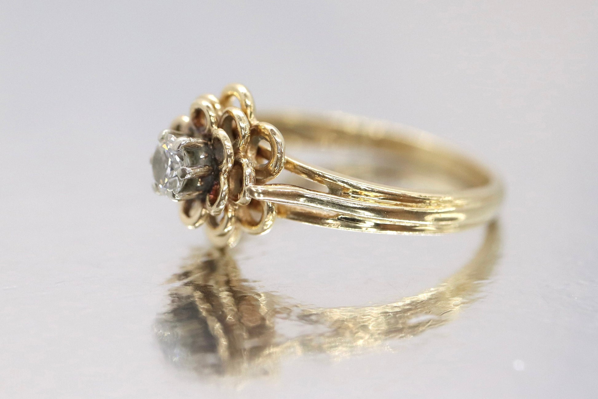 Vintage JR Wood and Sons 14k Gold Diamond Flower band Ring. Jr Wood Diamond solitaire.