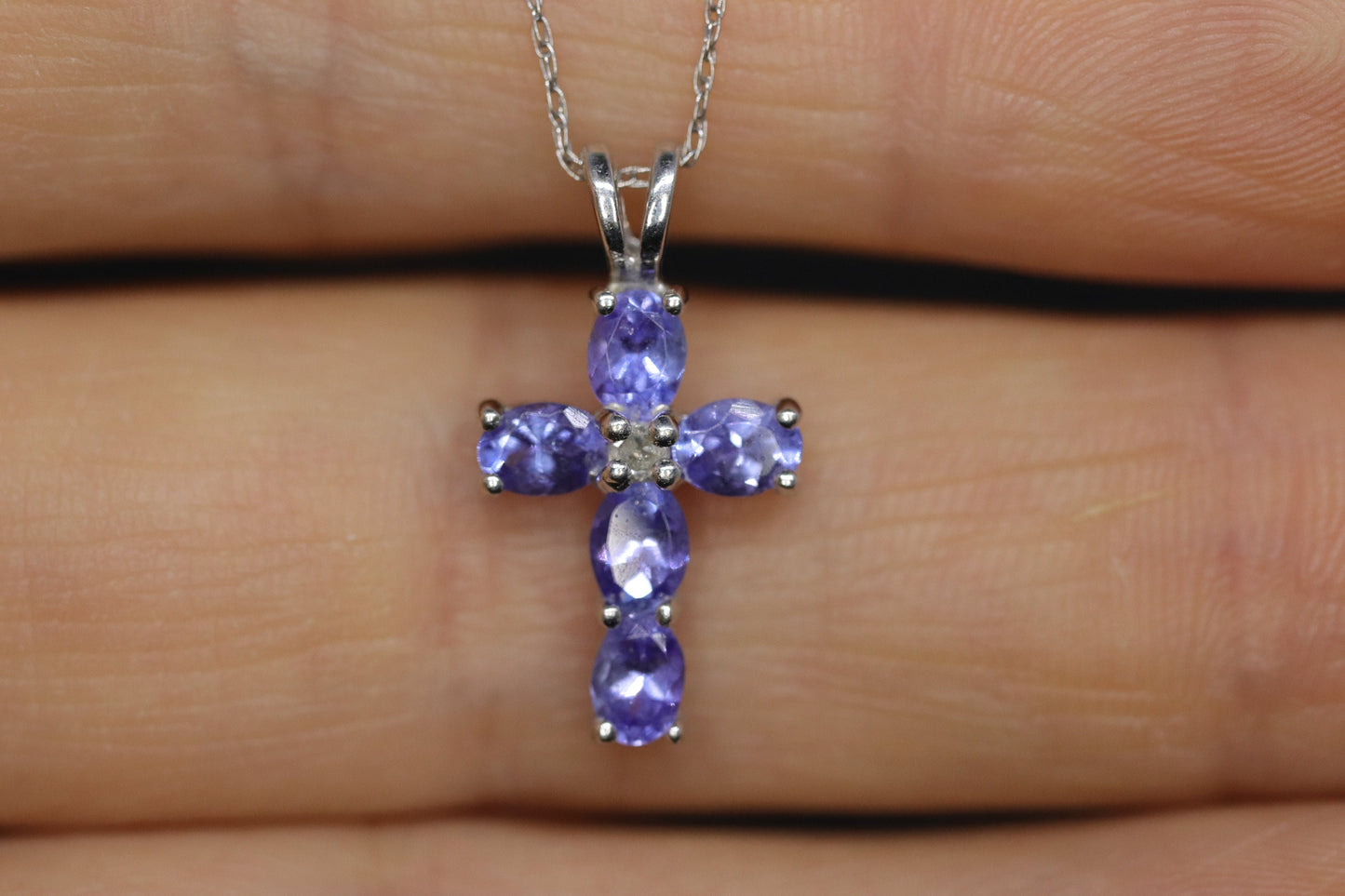 10k Tanzanite and diamond Cross Pendant. Crucifix Christian diamond necklace