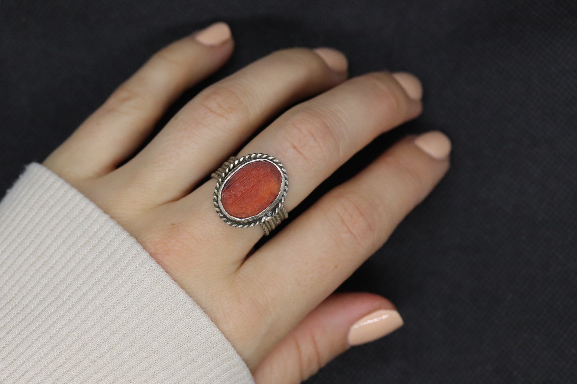 Sterling Silver Carnelian Intaglio Engraved Ring. HANDMADE Bezel set. st(23/11)