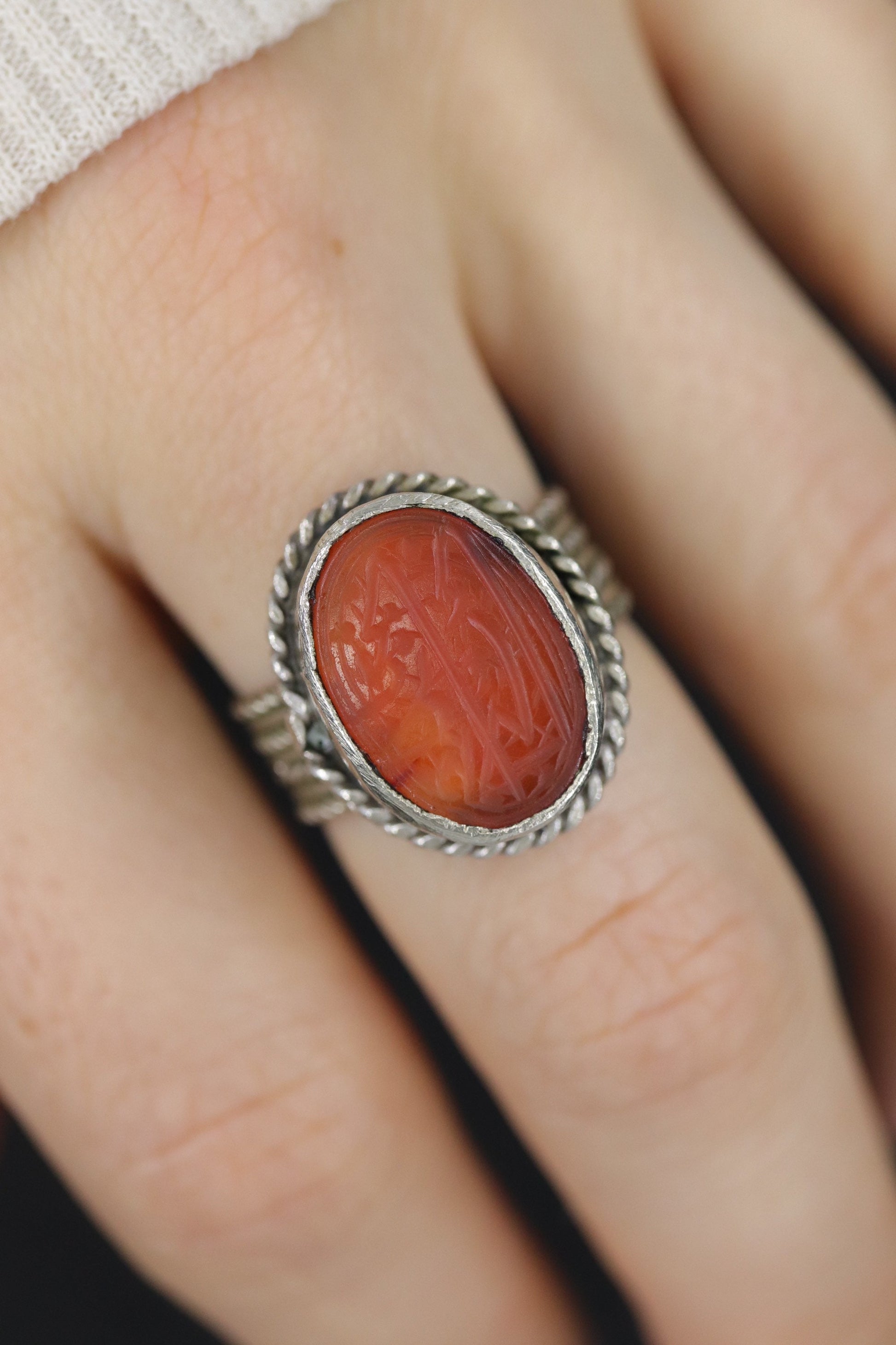 Sterling Silver Carnelian Intaglio Engraved Ring. HANDMADE Bezel set. st(23/11)