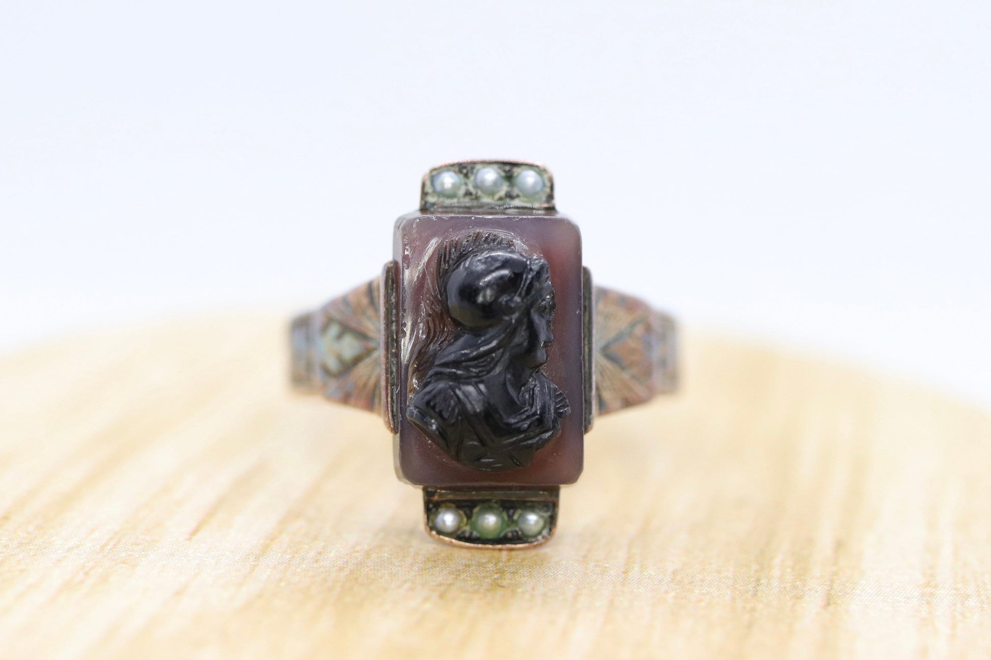 10k Antique Carved Roman soldier, Centurion Signet Ring. 10k gold Carved Victorian ring with pearl seeds