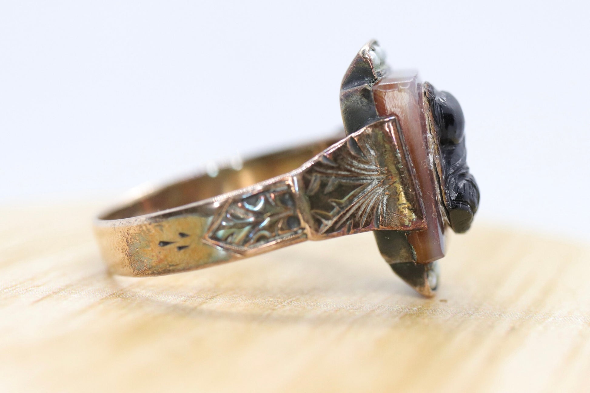 10k Antique Carved Roman soldier, Centurion Signet Ring. 10k gold Carved Victorian ring with pearl seeds
