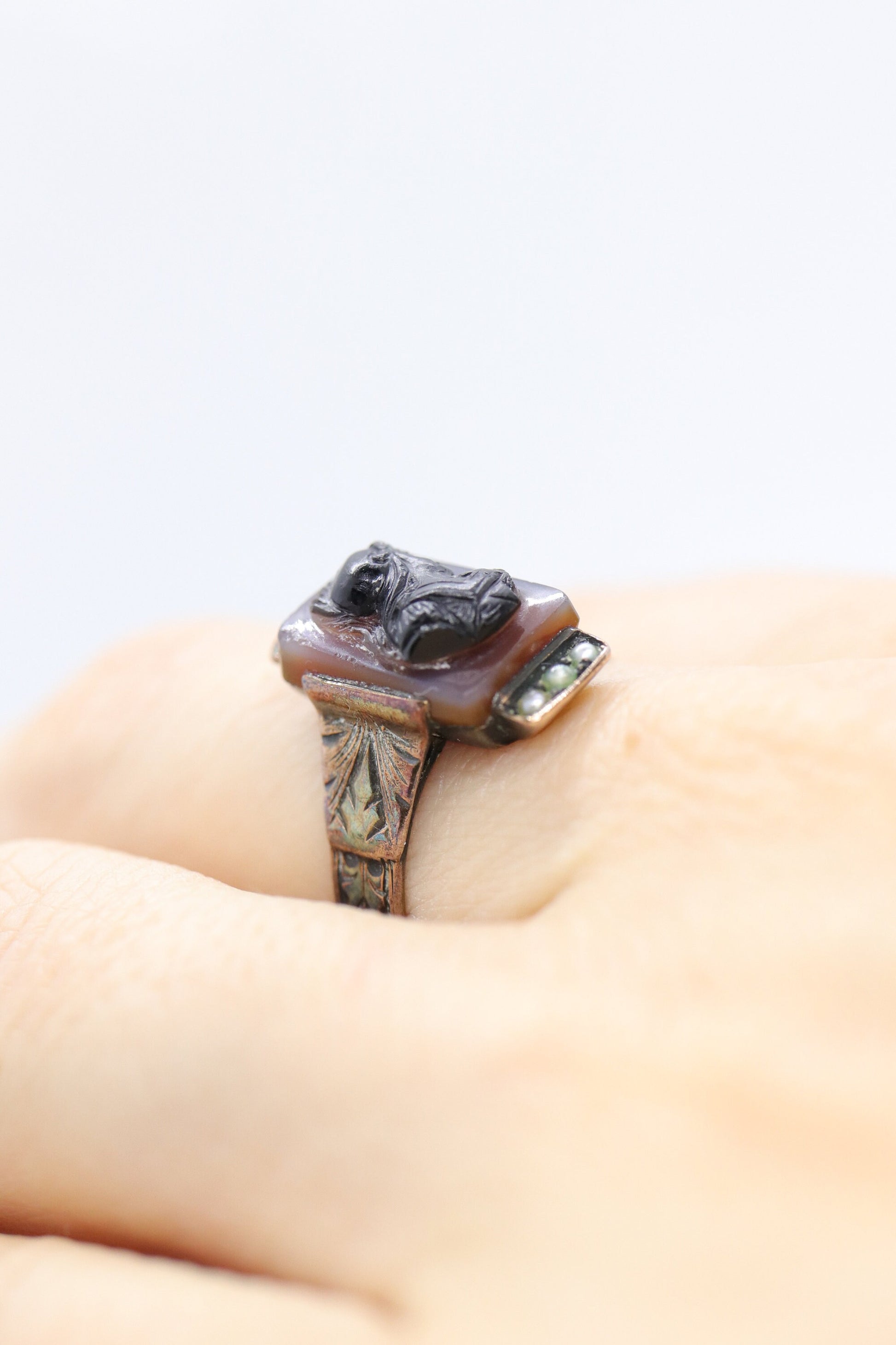 10k Antique Carved Roman soldier, Centurion Signet Ring. 10k gold Carved Victorian ring with pearl seeds