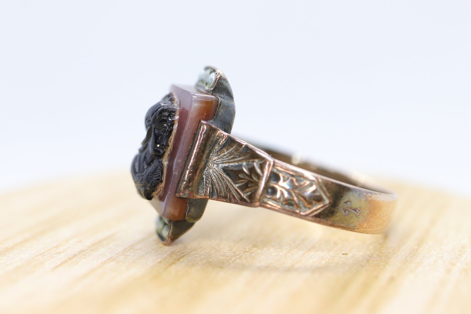 10k Antique Carved Roman soldier, Centurion Signet Ring. 10k gold Carved Victorian ring with pearl seeds