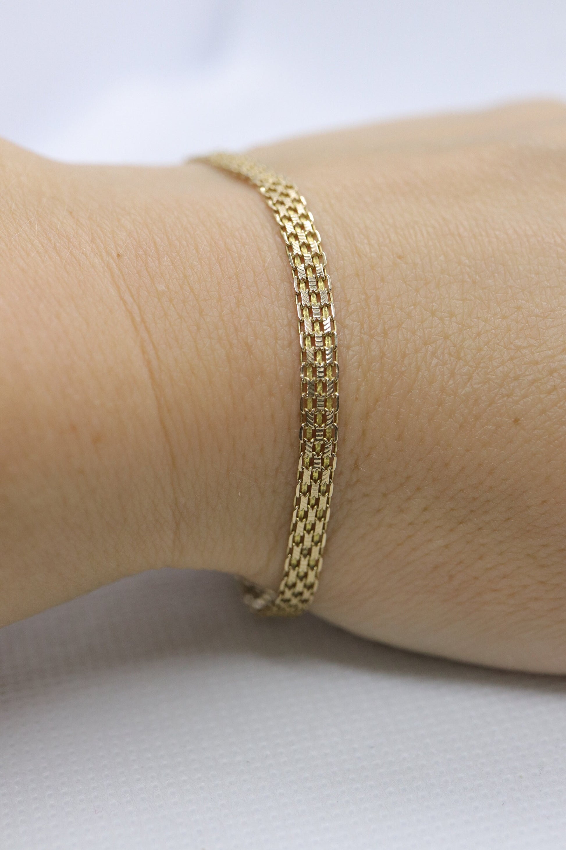 10k Bismark Chain Mesh Bracelet. 3 Row Mesh link Yellow gold Bracelet.