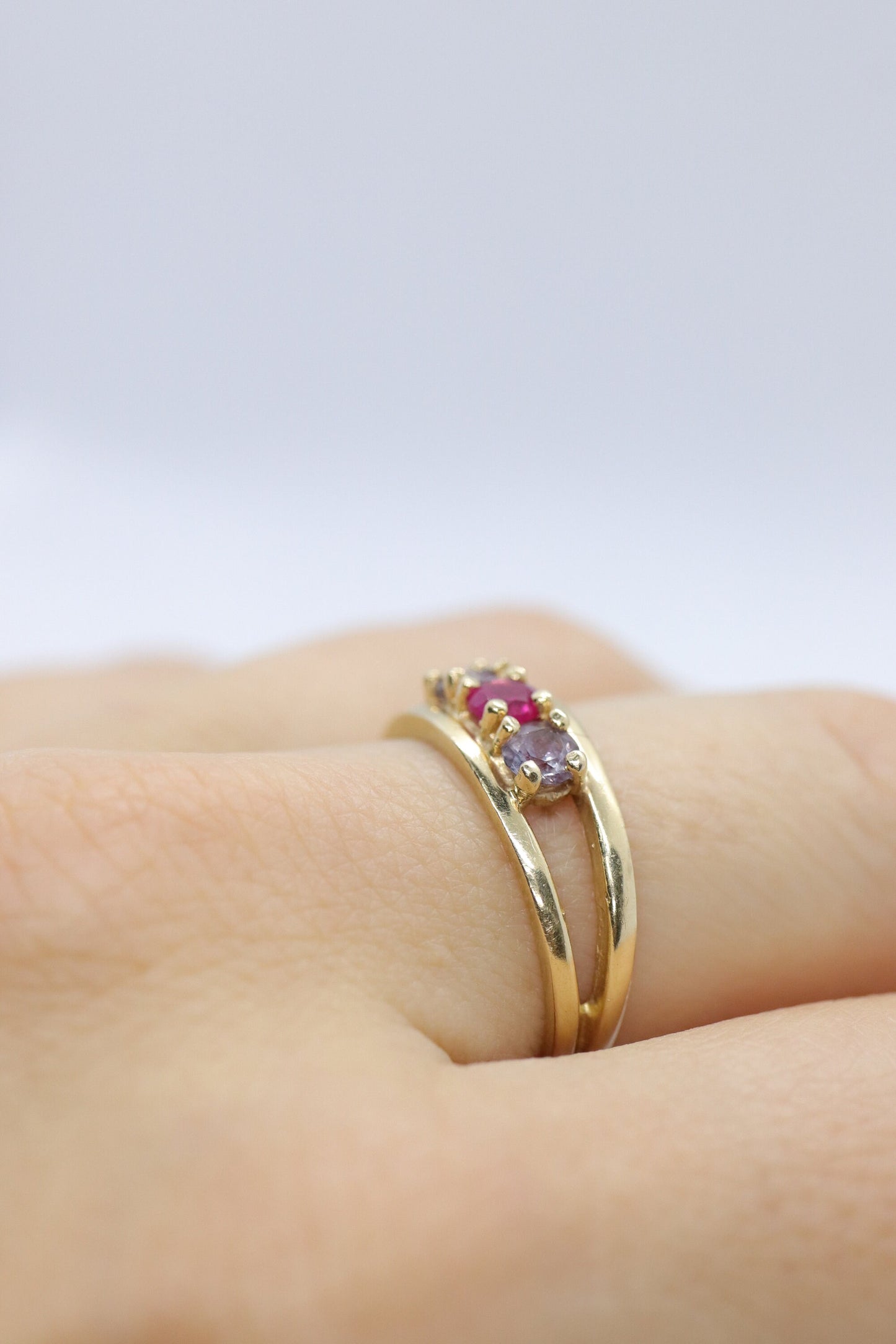 10k Yellow Gold 3 gemstone band. Ruby and Topaz band