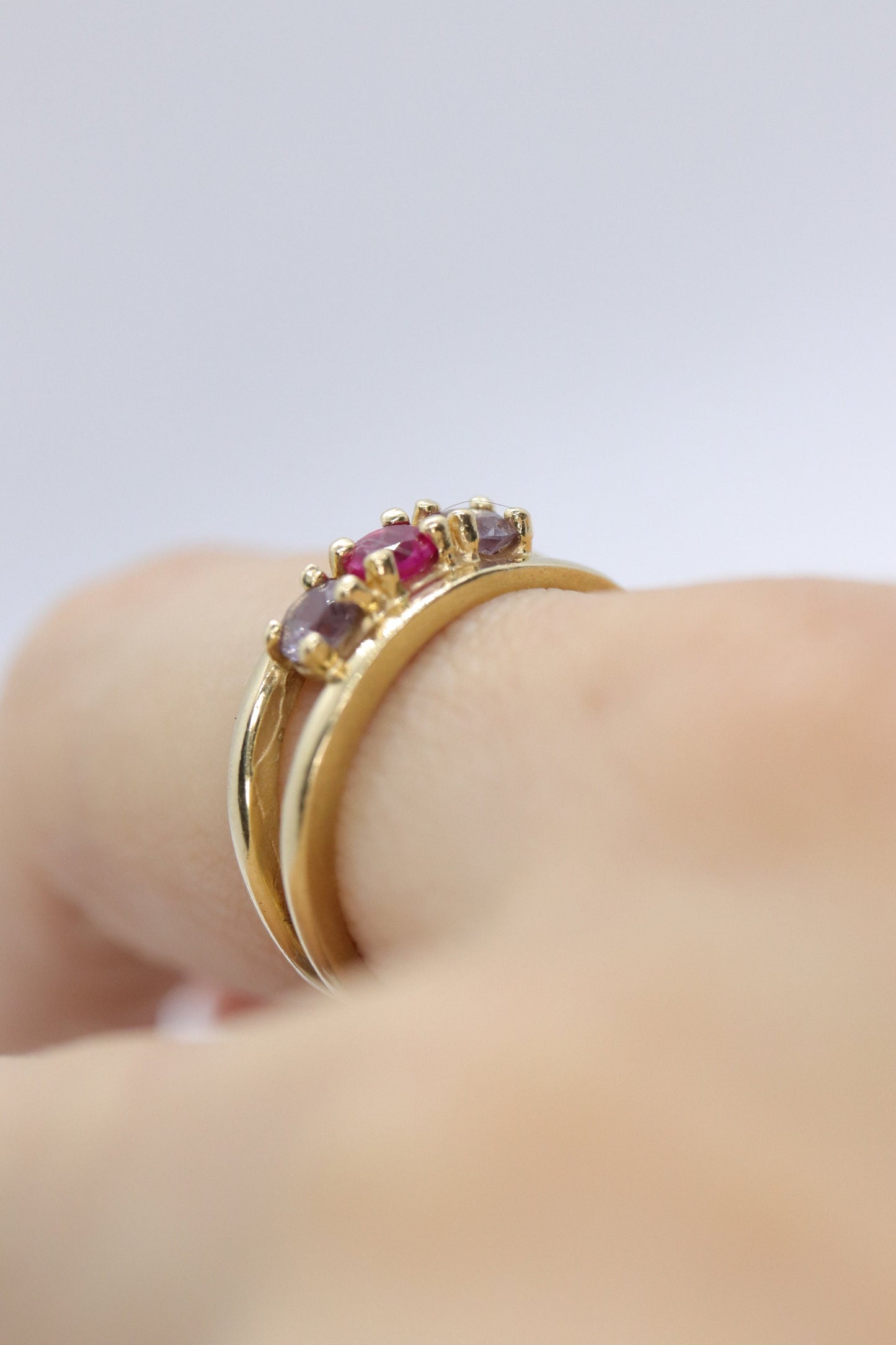 10k Yellow Gold 3 gemstone band. Ruby and Topaz band