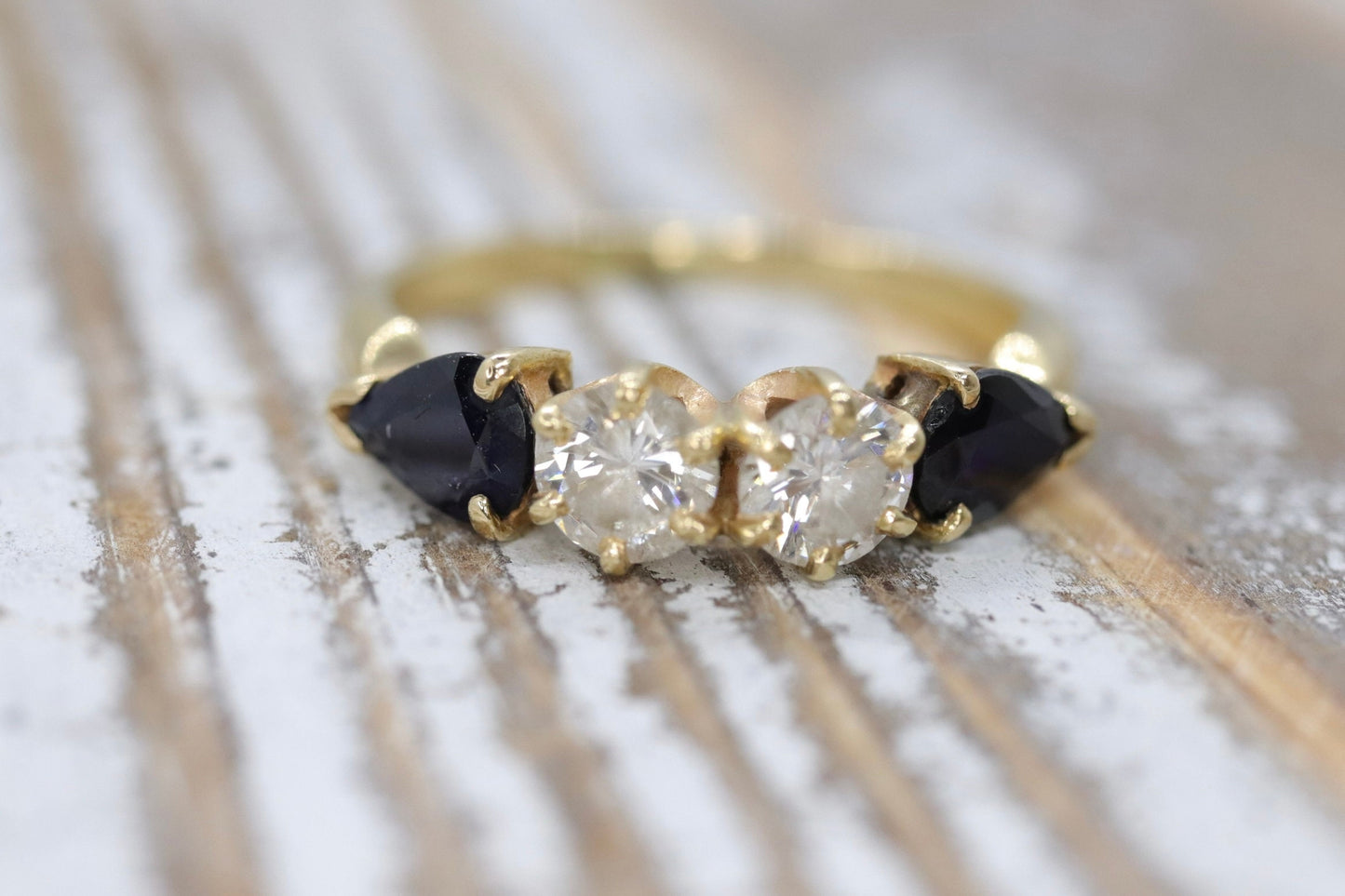 Stunning 14k 1/2ctw Diamond with pear sapphires ring. 14k Diamond and sapphire band.