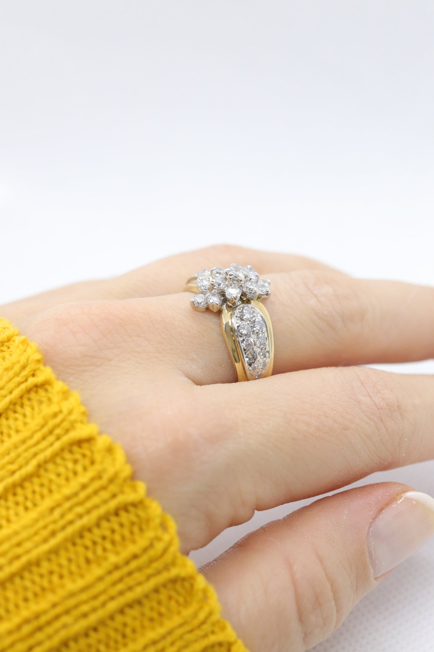 14k Yellow Gold Ring. Round Diamond Cluster Ring. Waterfall diamond. 1.46ctw diamonds