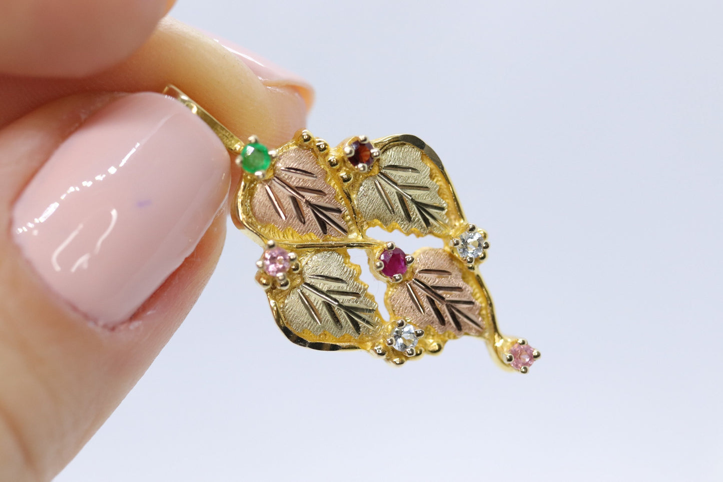10k 12k Black Hills Gold Pendant. Black Hills Gold Ruby Garnet Emerald Topaz Leaves pendant