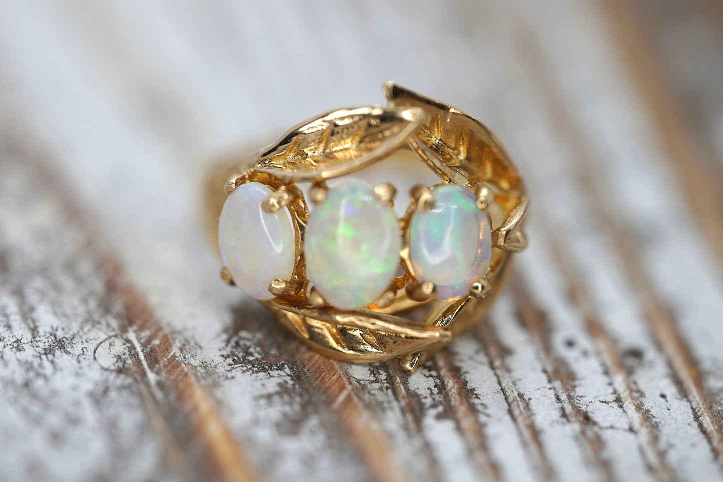 14k Opal Trio ring. Triple OPAL Crystal and Filigree leaves statement ring.