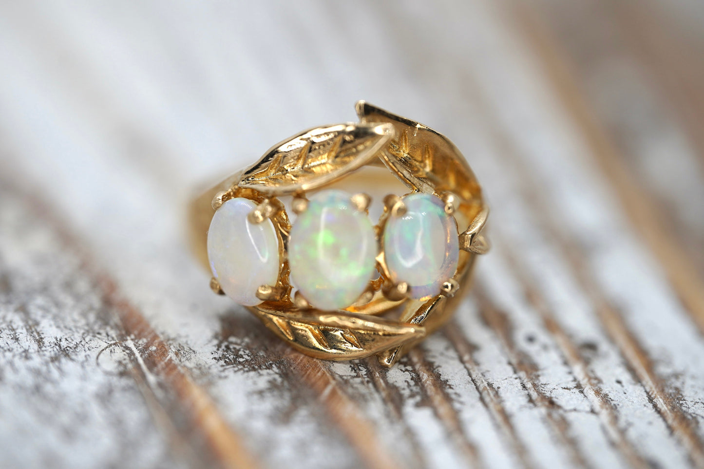 14k Opal Trio ring. Triple OPAL Crystal and Filigree leaves statement ring.