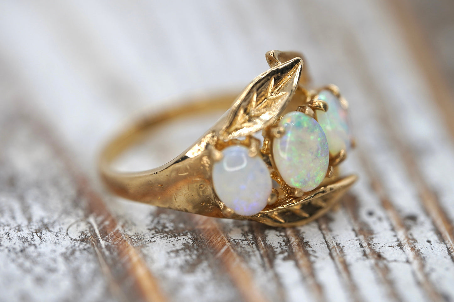 14k Opal Trio ring. Triple OPAL Crystal and Filigree leaves statement ring.