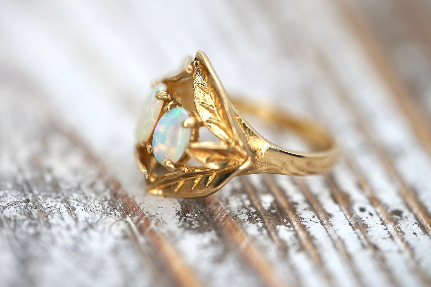 14k Opal Trio ring. Triple OPAL Crystal and Filigree leaves statement ring.