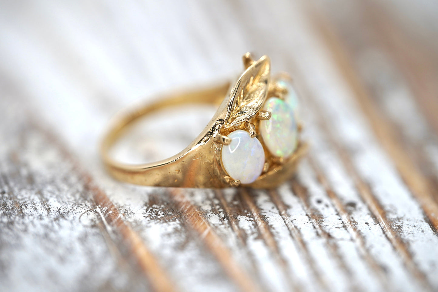 14k Opal Trio ring. Triple OPAL Crystal and Filigree leaves statement ring.