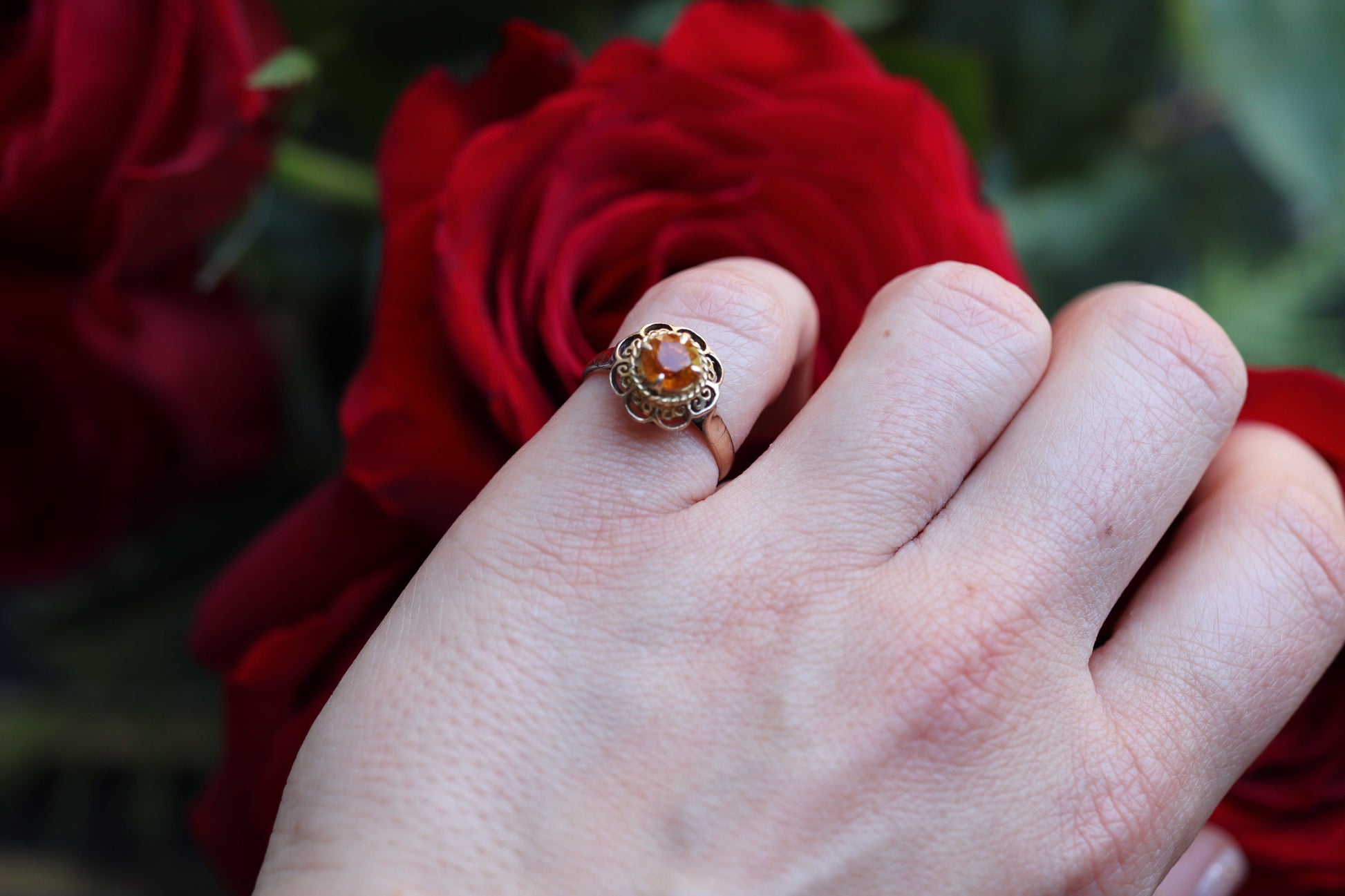 Antique Citrine Flower ring. Hand made 10k yellow gold flower Filigree ring