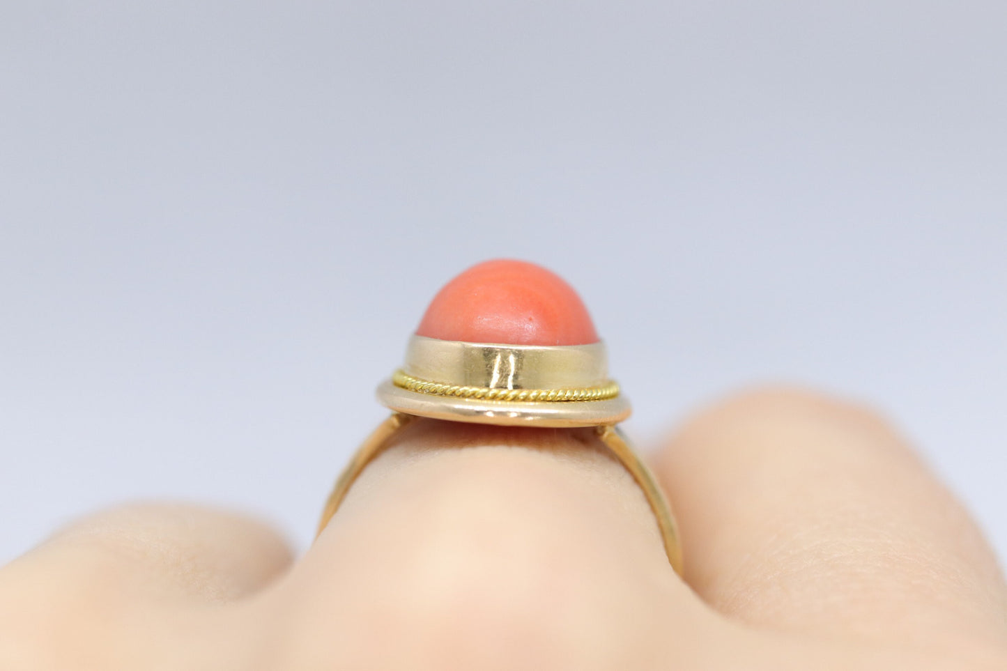 18k Large Oval Orange CORAL ring. 18k Coral Cabochon bezel set statement ring