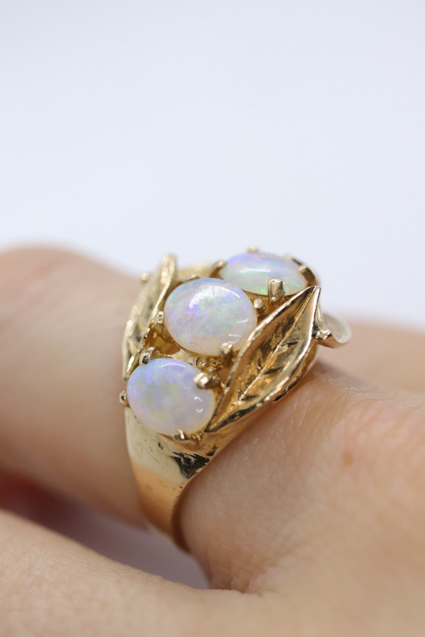 14k Opal Trio ring. Triple OPAL Crystal and Filigree leaves statement ring.