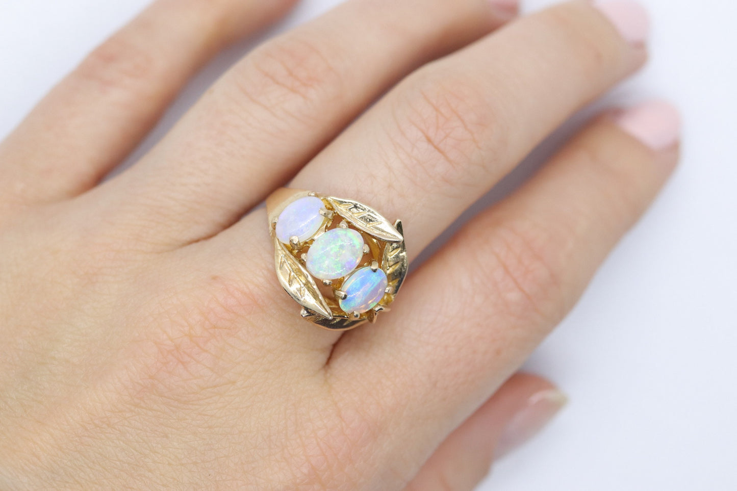14k Opal Trio ring. Triple OPAL Crystal and Filigree leaves statement ring.