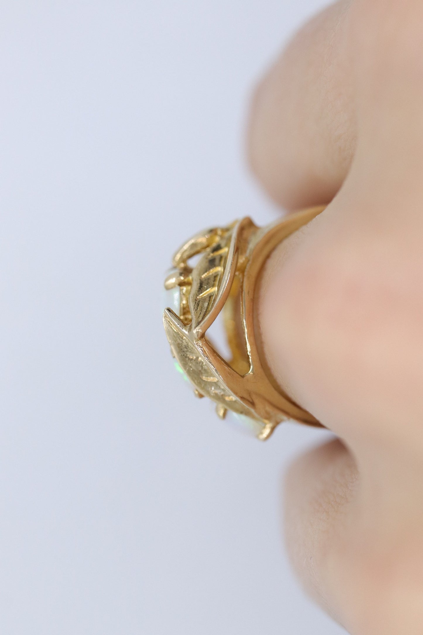 14k Opal Trio ring. Triple OPAL Crystal and Filigree leaves statement ring.