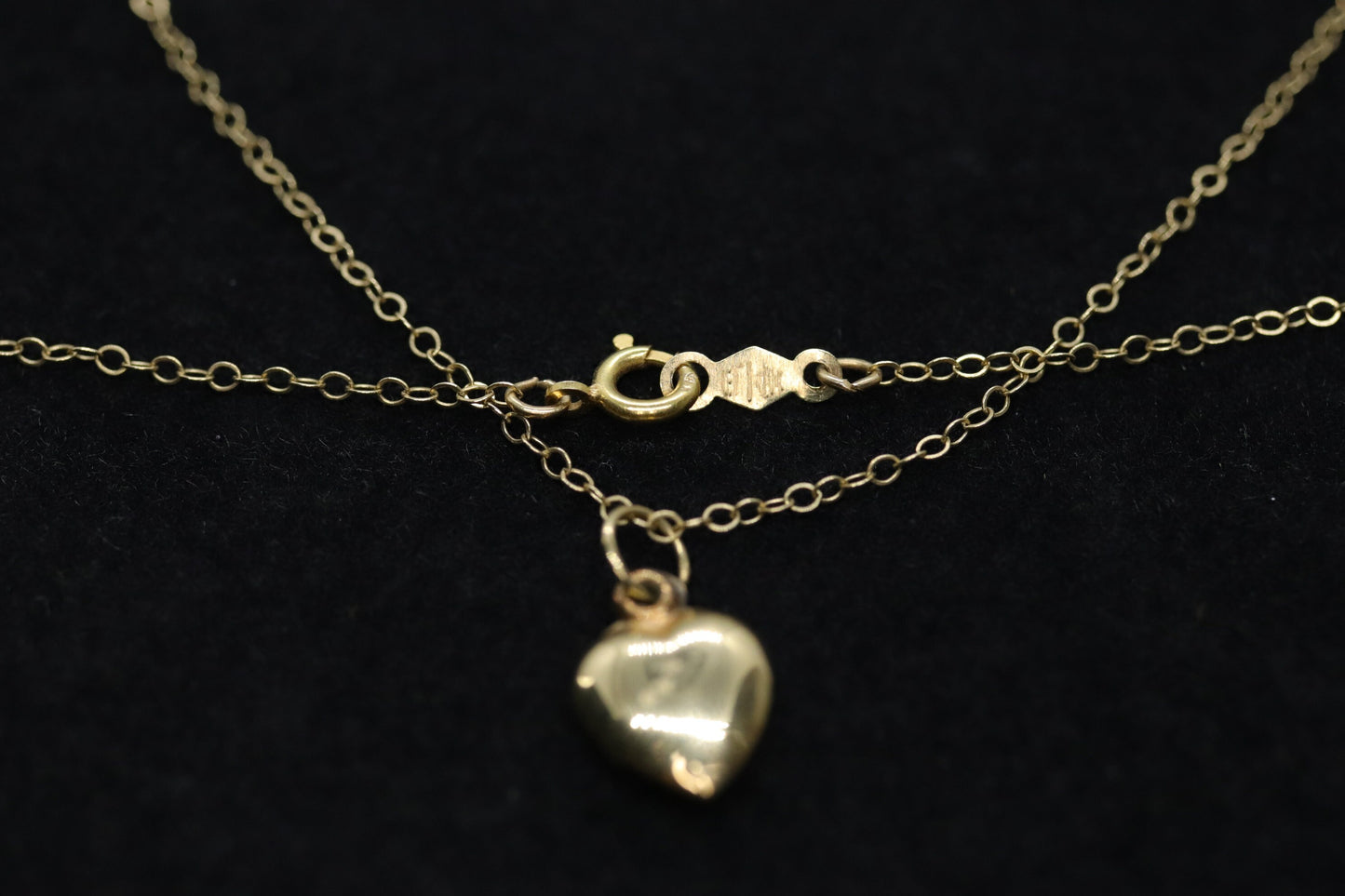 14k Puffed Heart Pendant. 14k Cable chain necklace. 1mm wide 15in length