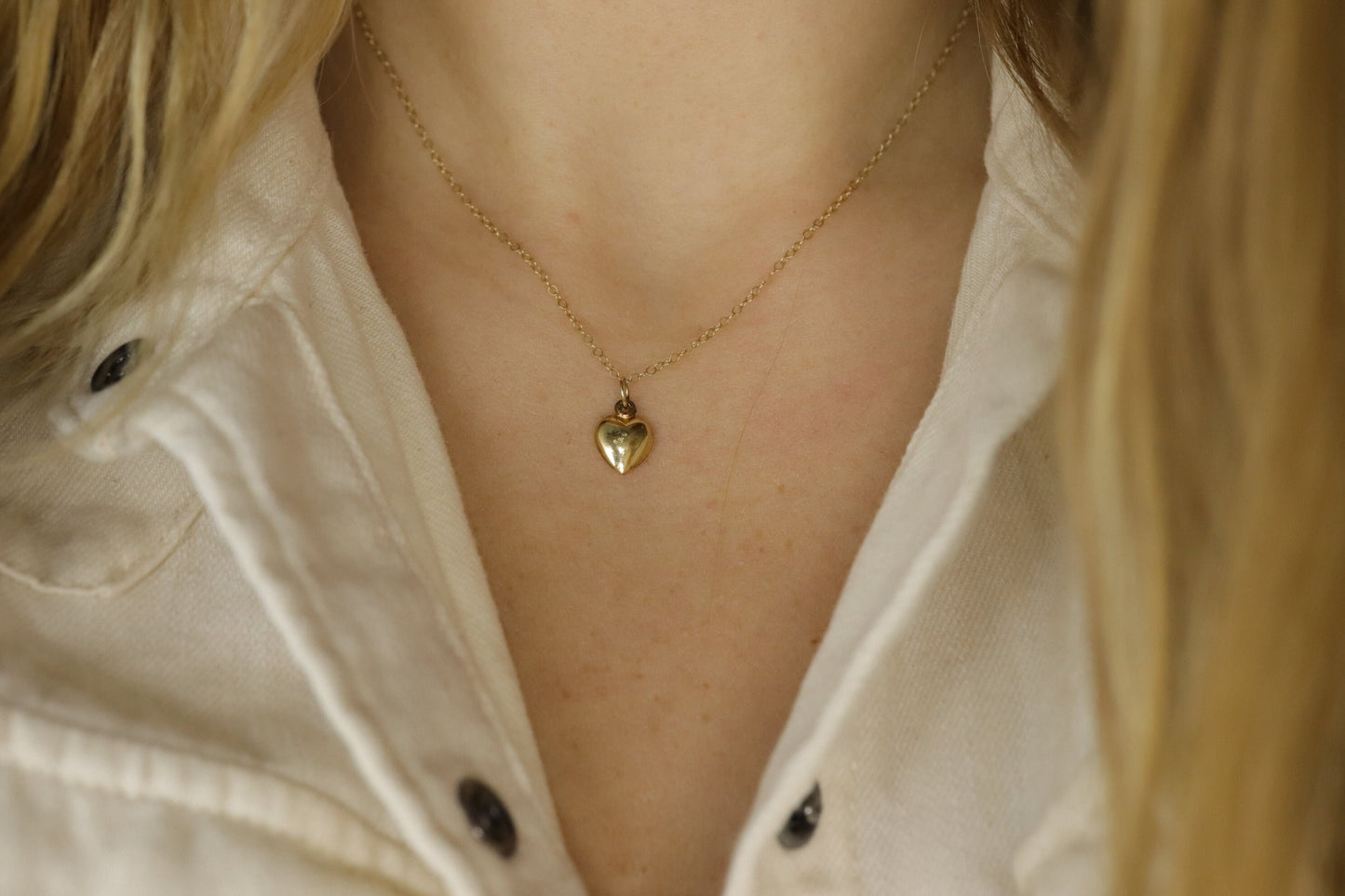 14k Puffed Heart Pendant. 14k Cable chain necklace. 1mm wide 15in length