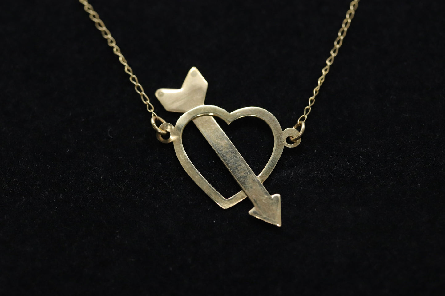 14k Open Heart Pendant. 14k Pierced Heart Arrow Cable chain necklace. 1mm wide 15in length
