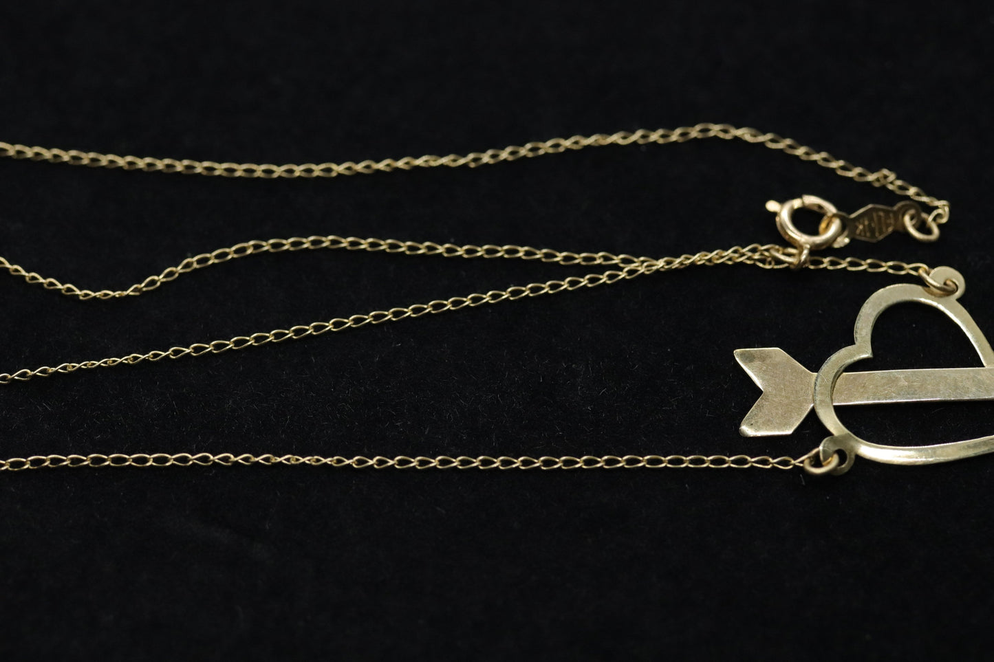 14k Open Heart Pendant. 14k Pierced Heart Arrow Cable chain necklace. 1mm wide 15in length