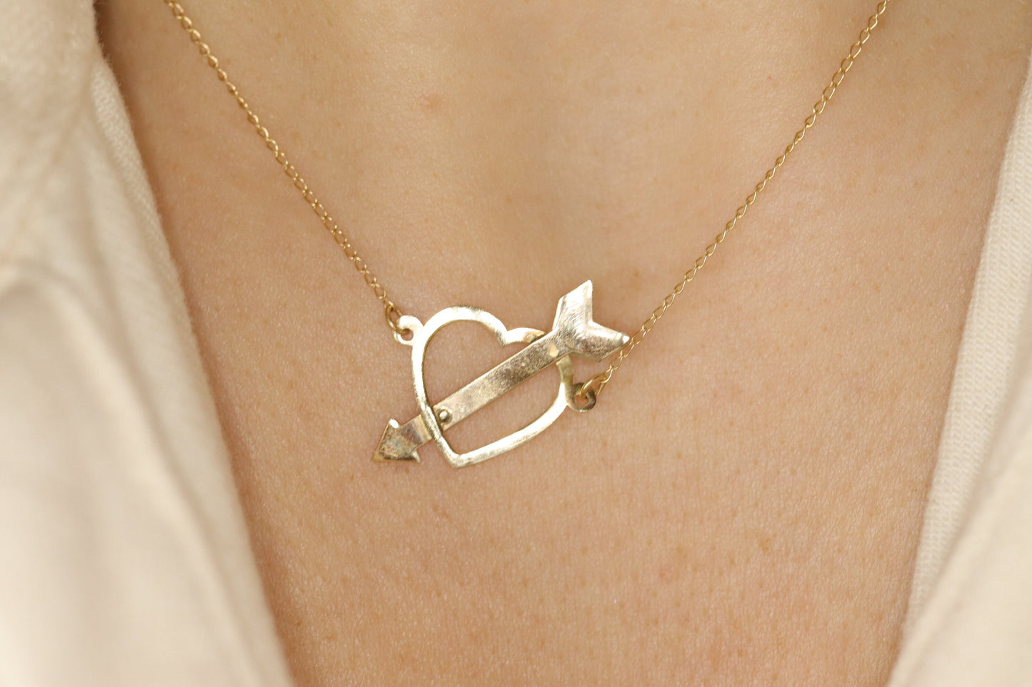 14k Open Heart Pendant. 14k Pierced Heart Arrow Cable chain necklace. 1mm wide 15in length