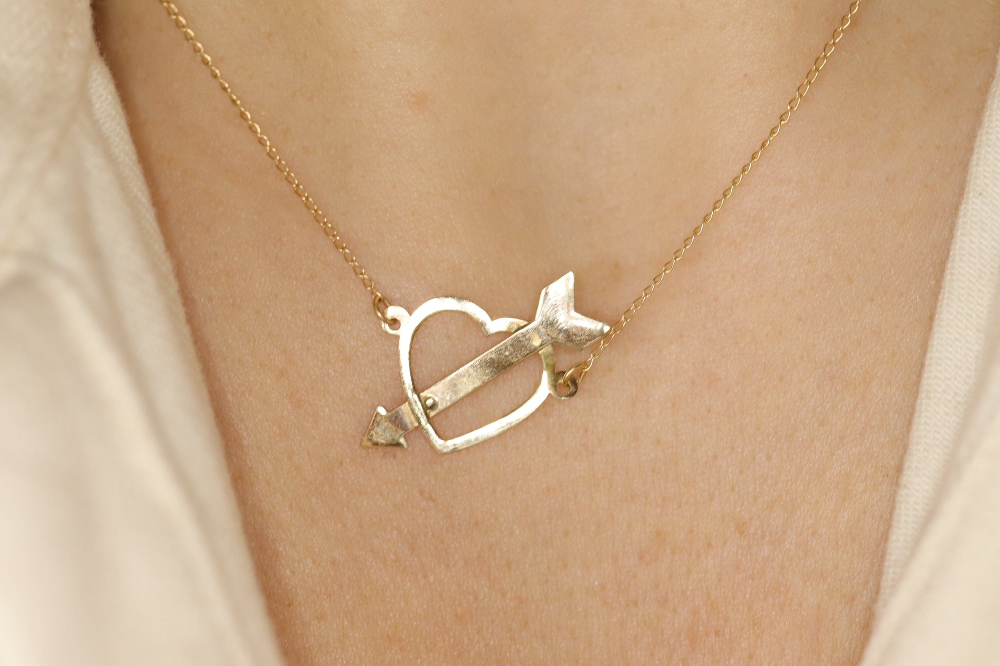 14k Open Heart Pendant. 14k Pierced Heart Arrow Cable chain necklace. 1mm wide 15in length