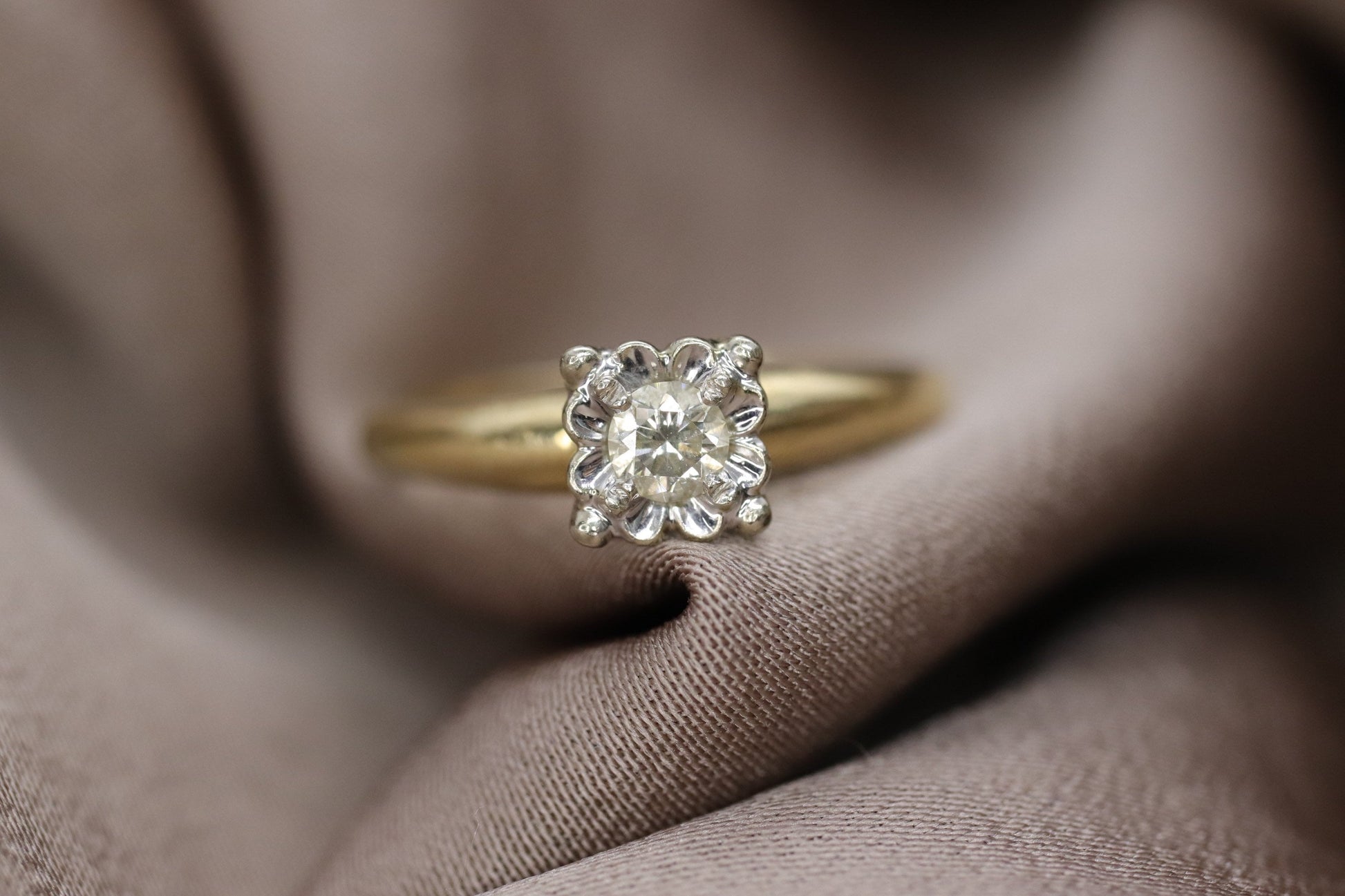 Art Deco Diamond ring. 14k Yellow and White Gold Square table.